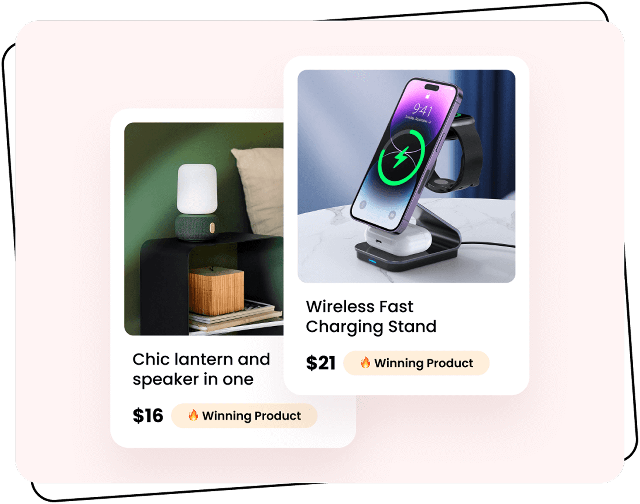 Two winning product cards, a lantern speaker at $16 and a wireless charging stand at $21