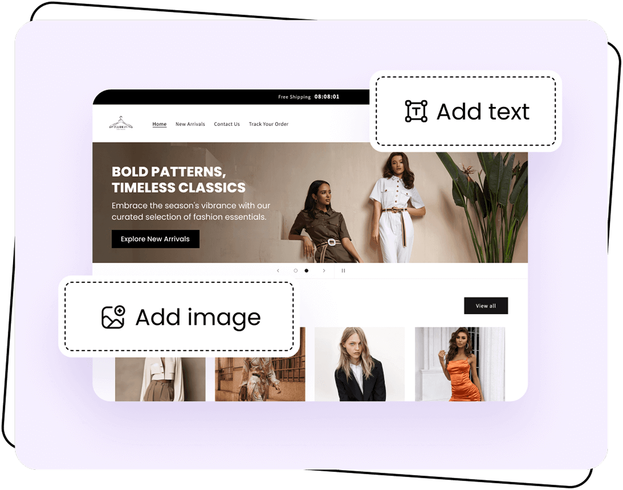 A fashion storefront being edited with add text and add image controls
