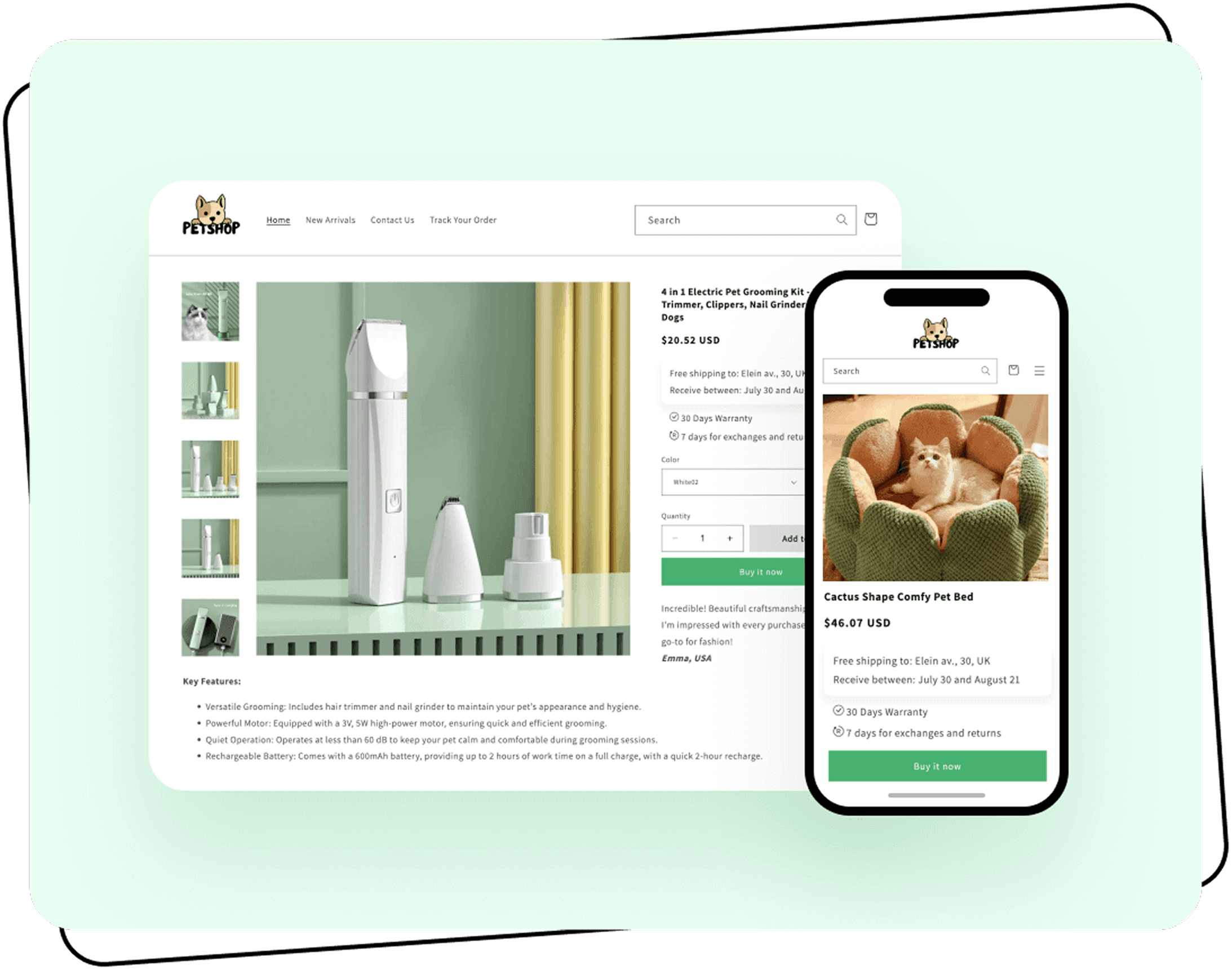 A pet grooming kit product page shown on desktop and mobile
