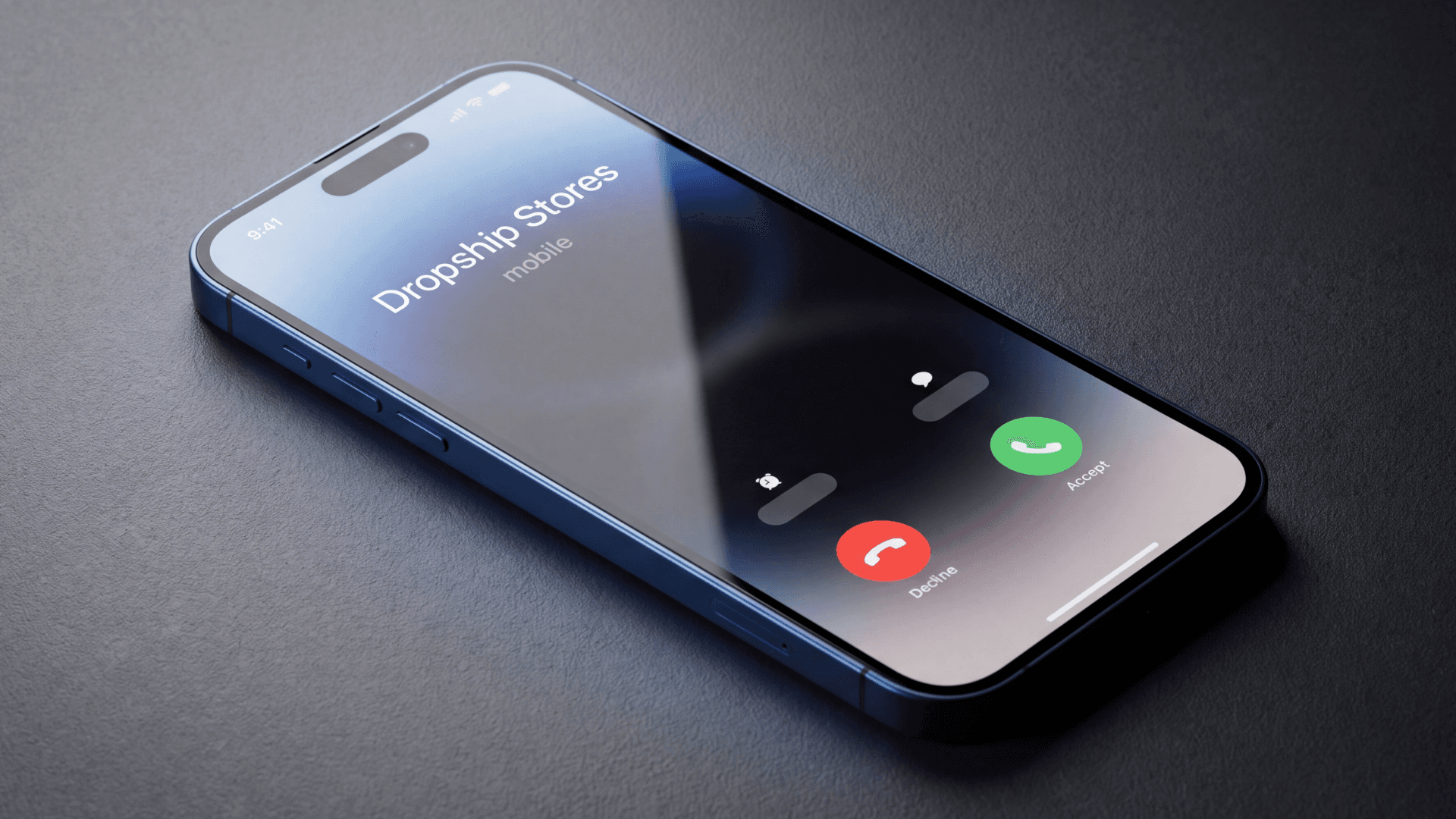 A phone lying on a desk showing an incoming call from Dropship Stores, with the accept and decline buttons on screen