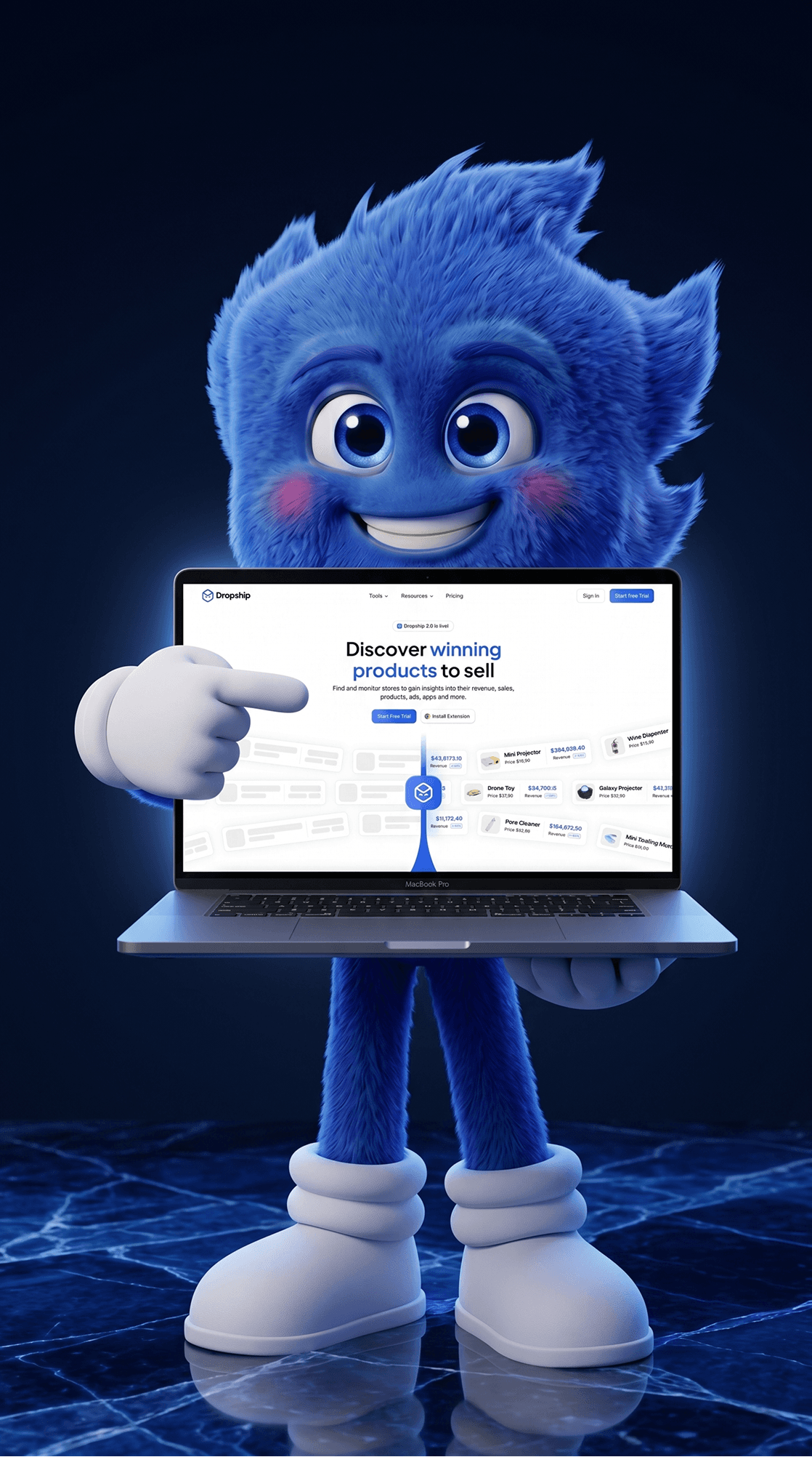 The Dropship mascot, a blue furry character, holding an open MacBook and pointing at the Dropship product research dashboard on its screen, which reads "Discover winning products to sell" above a grid of products and their revenue figures