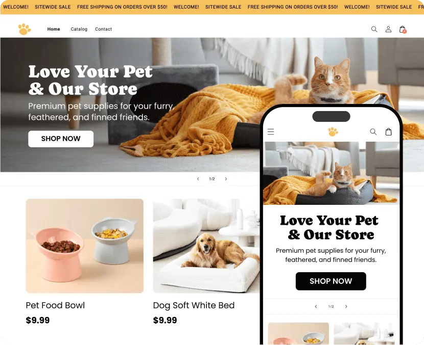 AI-built pet supplies storefront with a "Love Your Pet" hero banner and a product grid, shown on desktop with a mobile view alongside