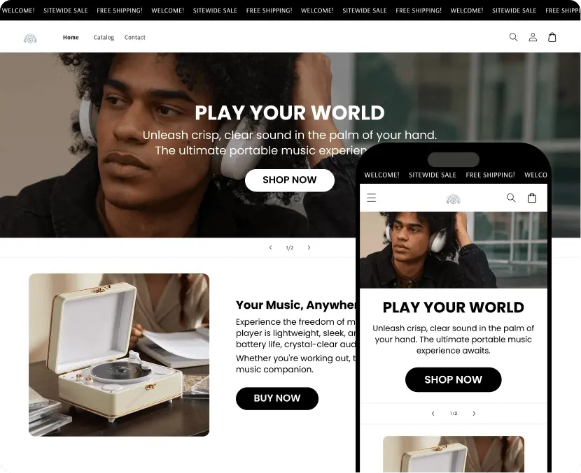 AI-built portable audio storefront with a "Play Your World" hero banner and a record player product feature