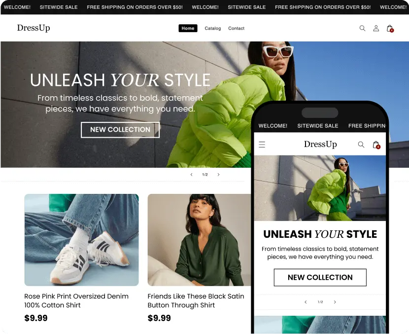 AI-built fashion storefront branded DressUp, with an "Unleash Your Style" hero banner and a clothing product grid