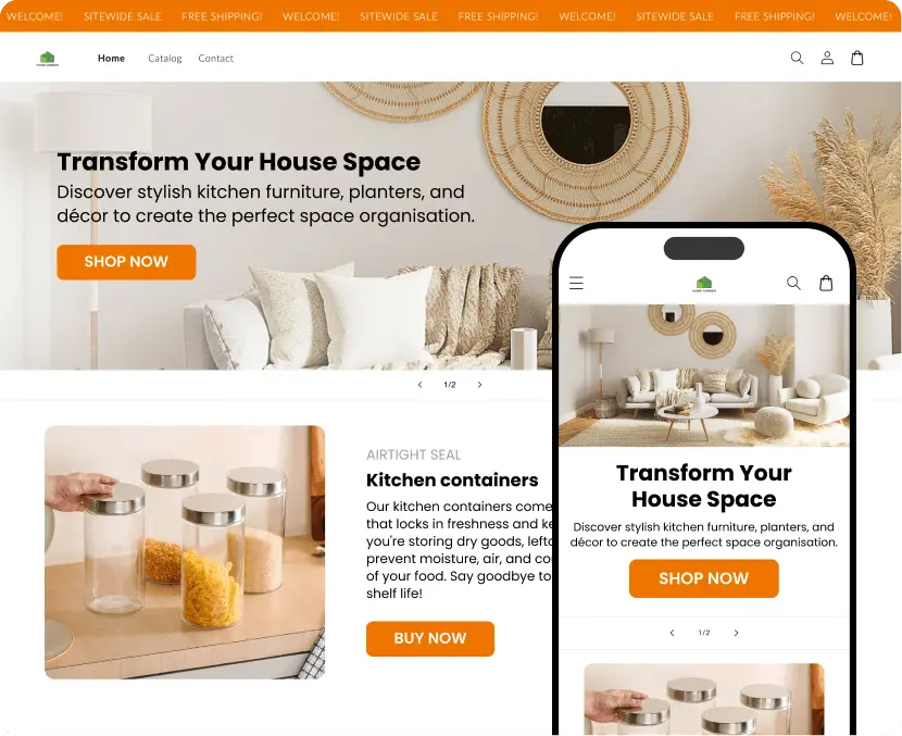 AI-built home and kitchen storefront with a "Transform Your House Space" hero banner and kitchen storage products
