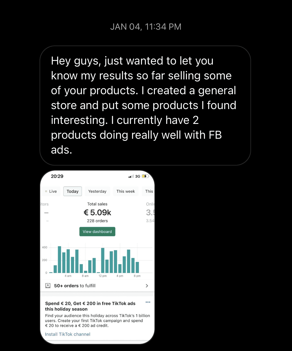 Member running a general store with two products on Facebook ads, above a dashboard showing €5.09k from 228 orders