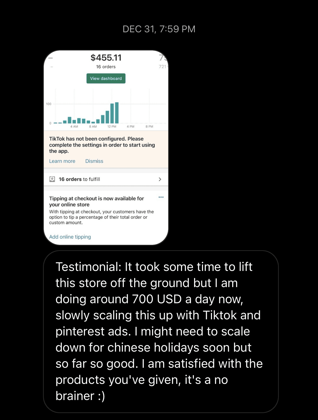 Member testimonial about reaching roughly 700 USD a day, above a dashboard showing $455.11 from 16 orders