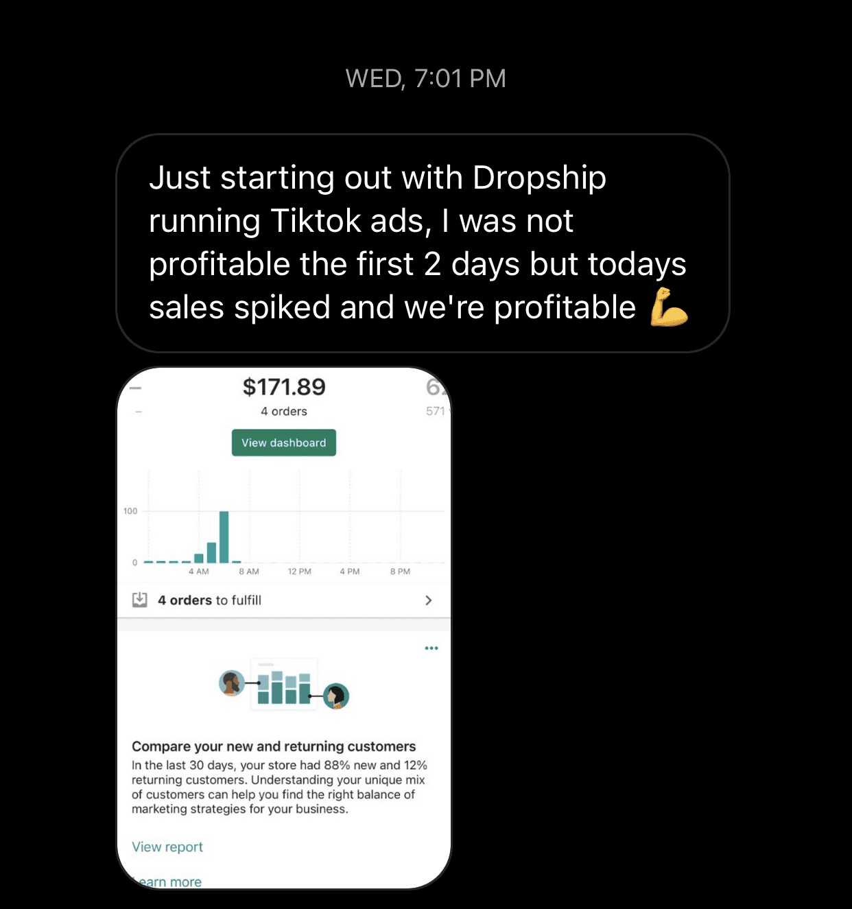 Member profitable after two days of TikTok ads, above a dashboard showing $171.89 from 4 orders