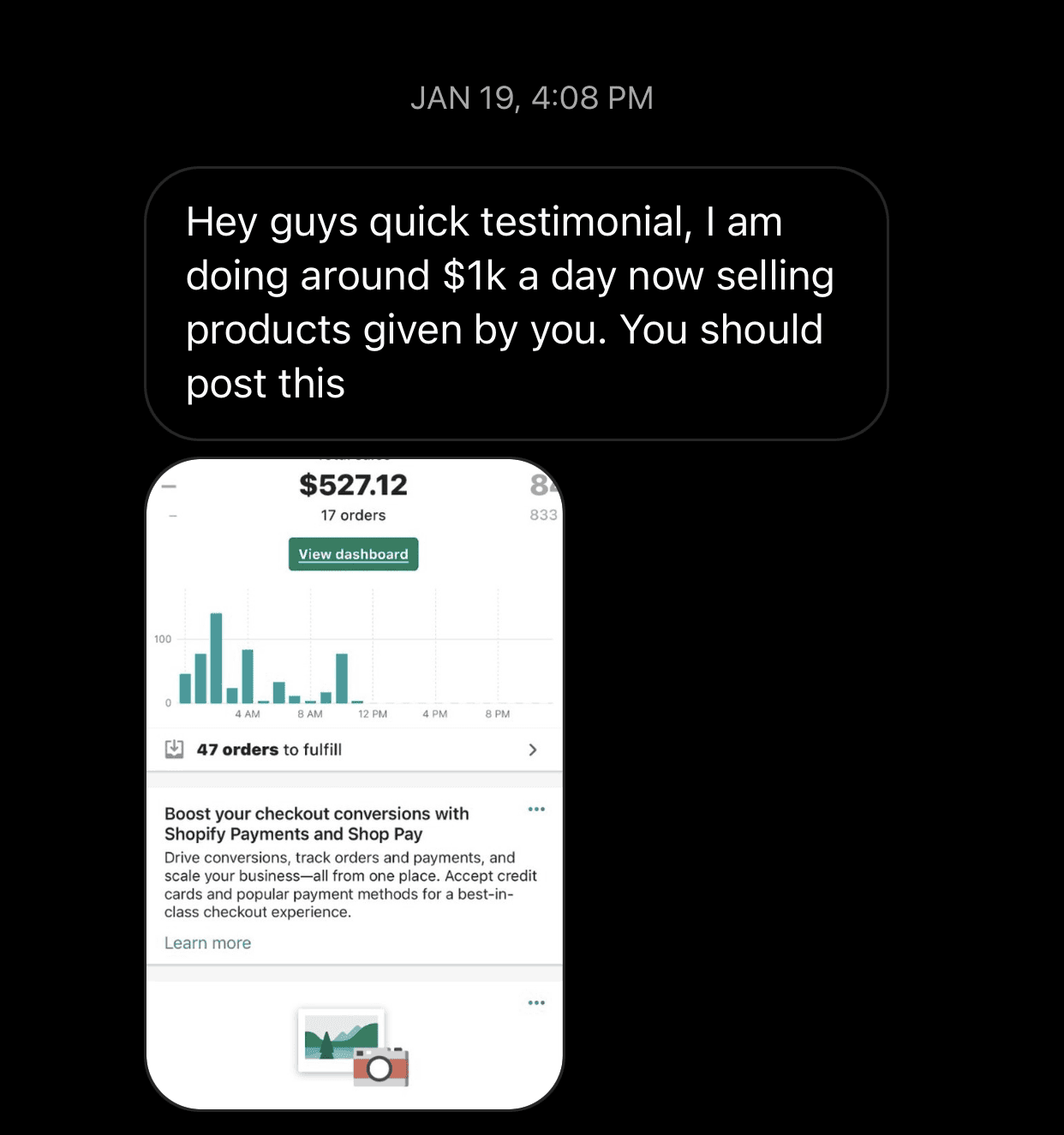 Member reporting around $1,000 a day, above a dashboard showing $527.12 from 17 orders
